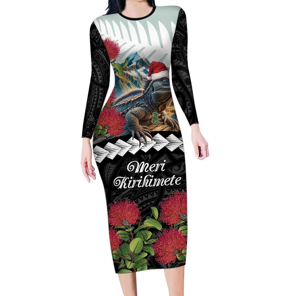 Meri Kirihimete Tuatara Family Matching Long Sleeve Bodycon Dress and Hawaiian Shirt New Zealand Fern with Puhutukawa Flowers