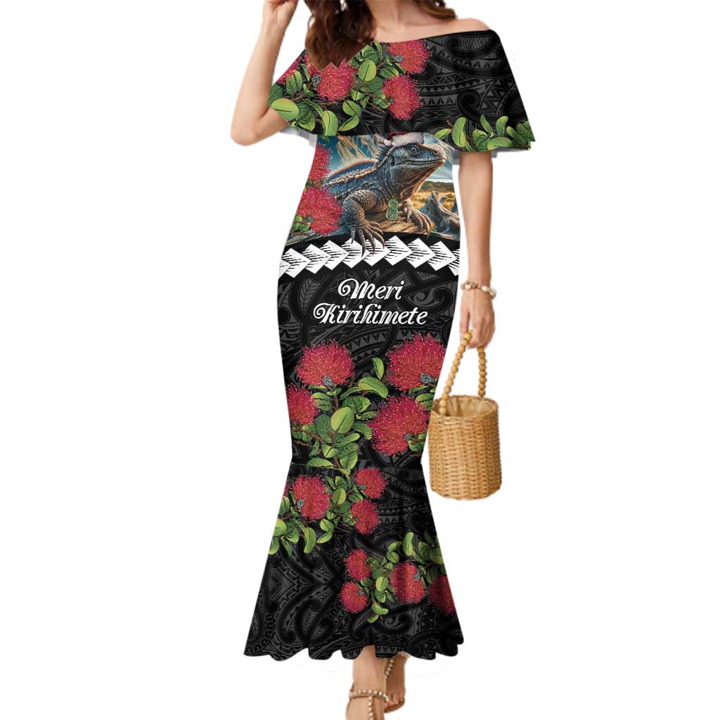 Meri Kirihimete Tuatara Family Matching Mermaid Dress and Hawaiian Shirt New Zealand Fern with Puhutukawa Flowers