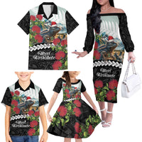 Meri Kirihimete Tuatara Family Matching Off The Shoulder Long Sleeve Dress and Hawaiian Shirt New Zealand Fern with Puhutukawa Flowers