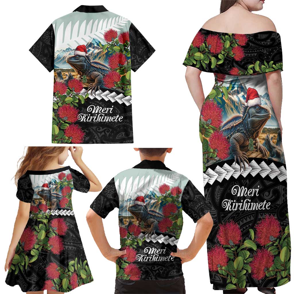 Meri Kirihimete Tuatara Family Matching Off Shoulder Maxi Dress and Hawaiian Shirt New Zealand Fern with Puhutukawa Flowers