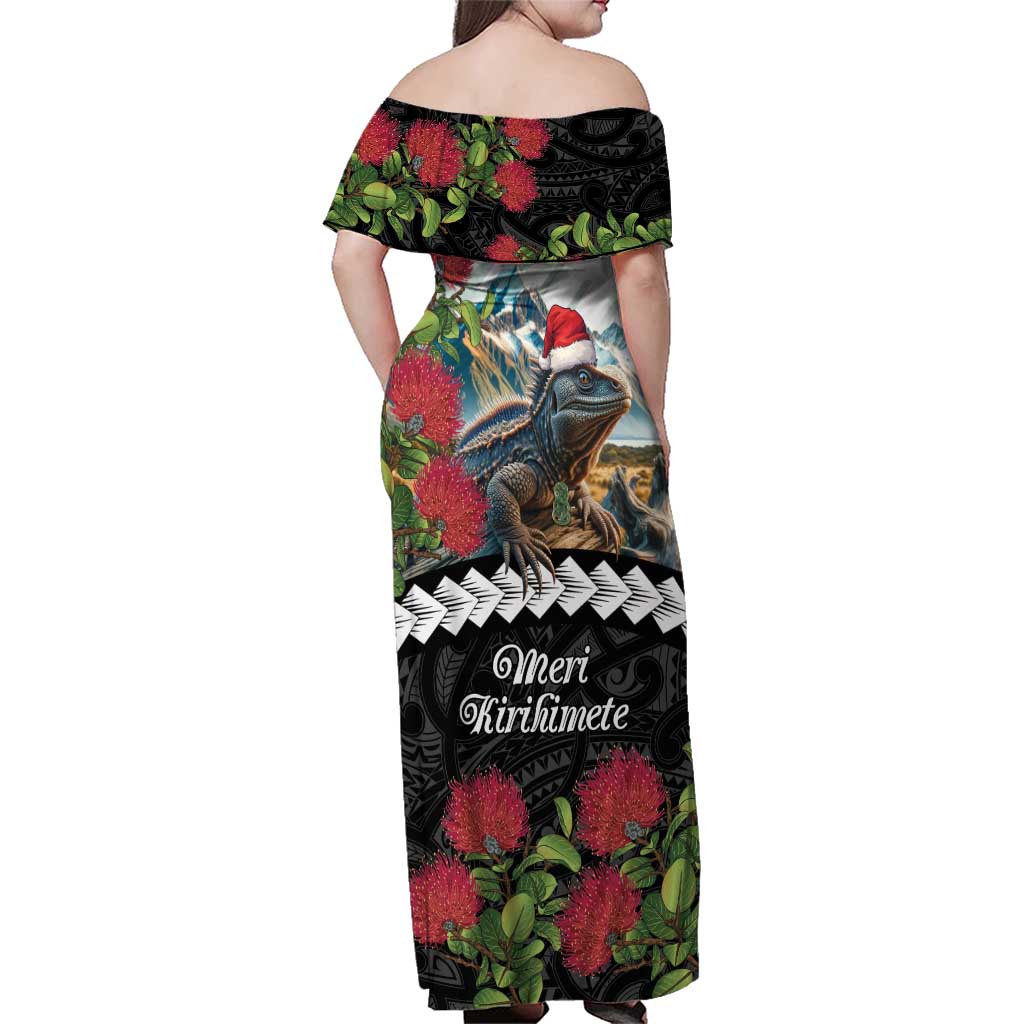 Meri Kirihimete Tuatara Family Matching Off Shoulder Maxi Dress and Hawaiian Shirt New Zealand Fern with Puhutukawa Flowers