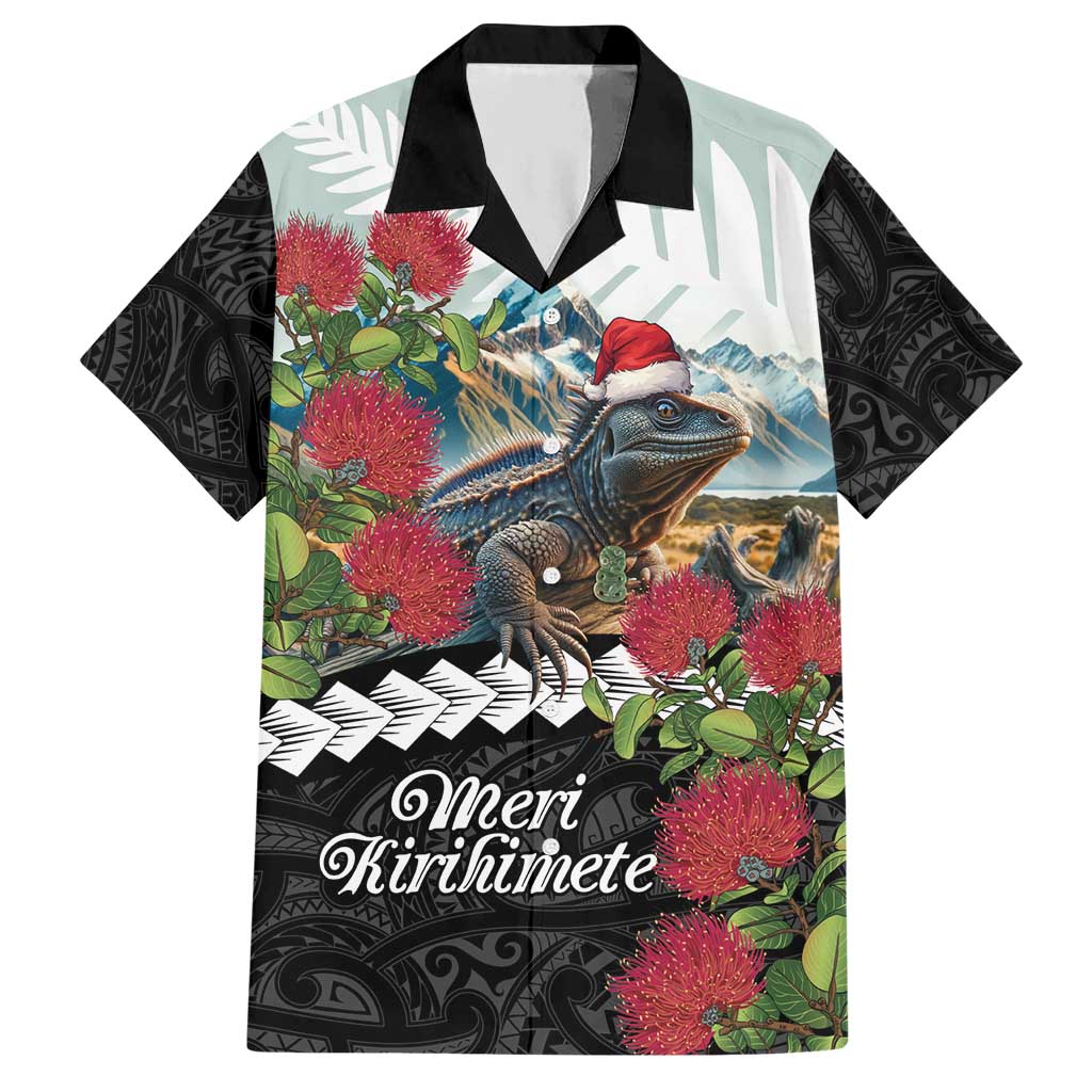 Meri Kirihimete Tuatara Hawaiian Shirt New Zealand Fern with Puhutukawa Flowers