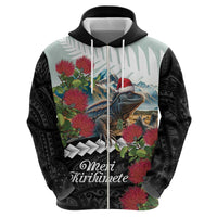 Meri Kirihimete Tuatara Hoodie New Zealand Fern with Puhutukawa Flowers