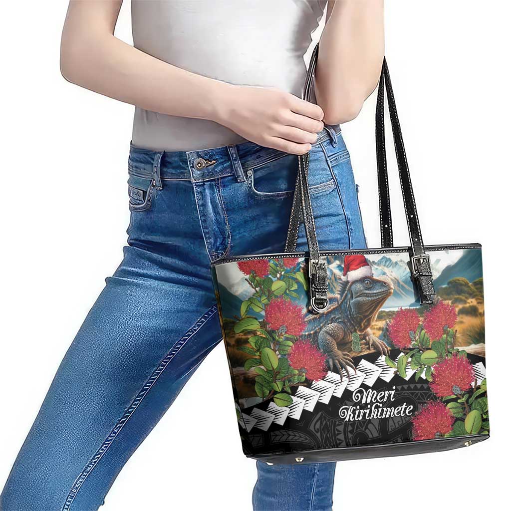 Meri Kirihimete Tuatara Leather Tote Bag New Zealand Fern with Puhutukawa Flowers LT9 - Polynesian Pride