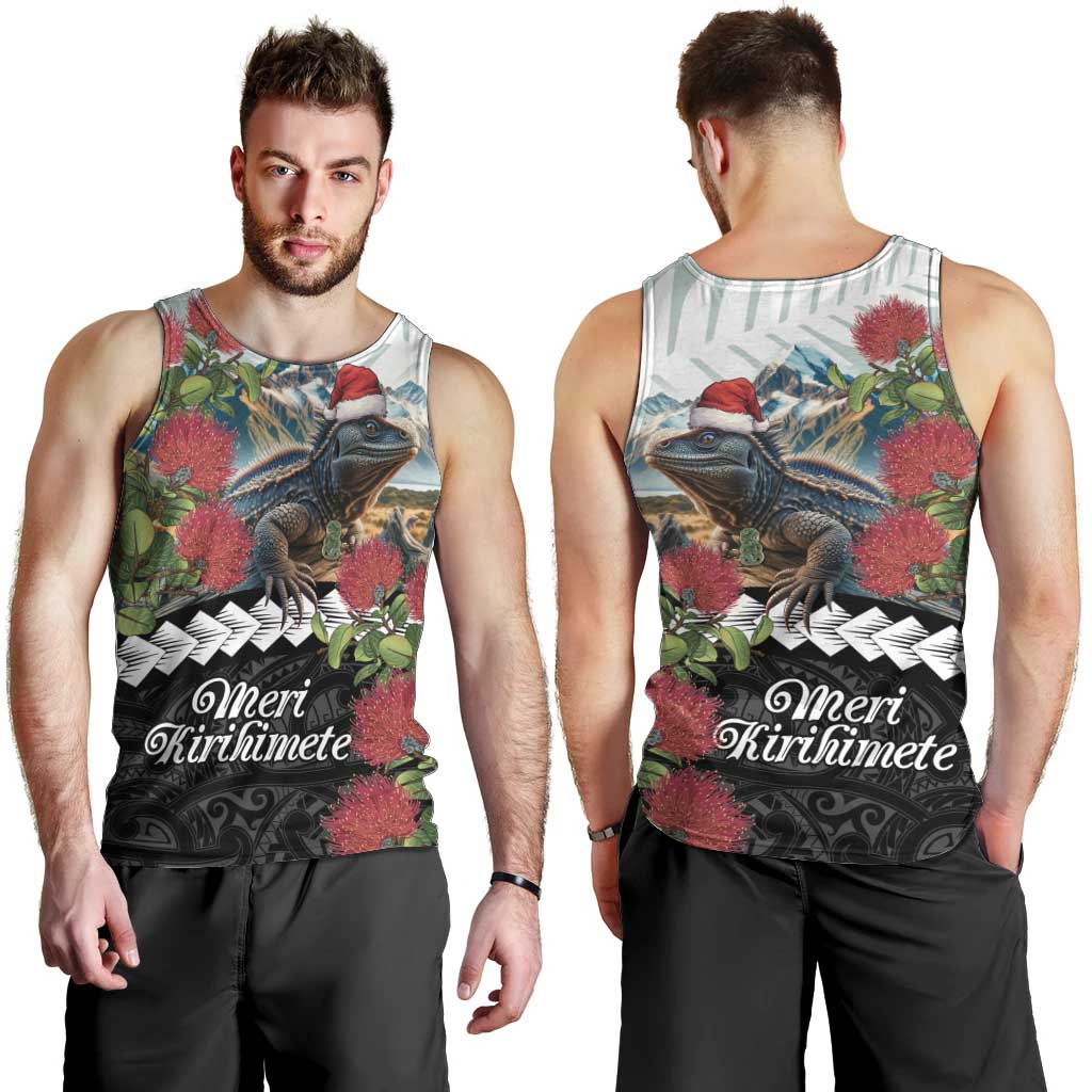 Meri Kirihimete Tuatara Men Tank Top New Zealand Fern with Puhutukawa Flowers