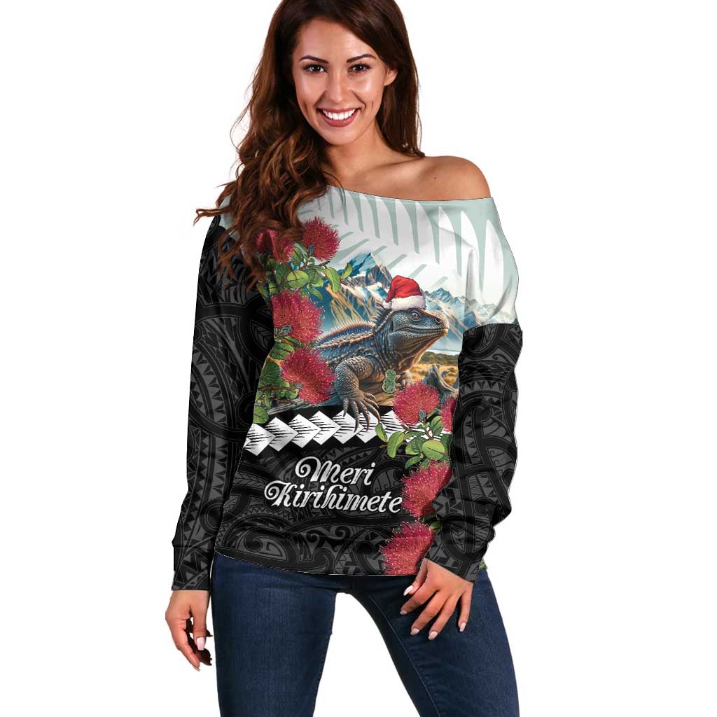 Meri Kirihimete Tuatara Off Shoulder Sweater New Zealand Fern with Puhutukawa Flowers