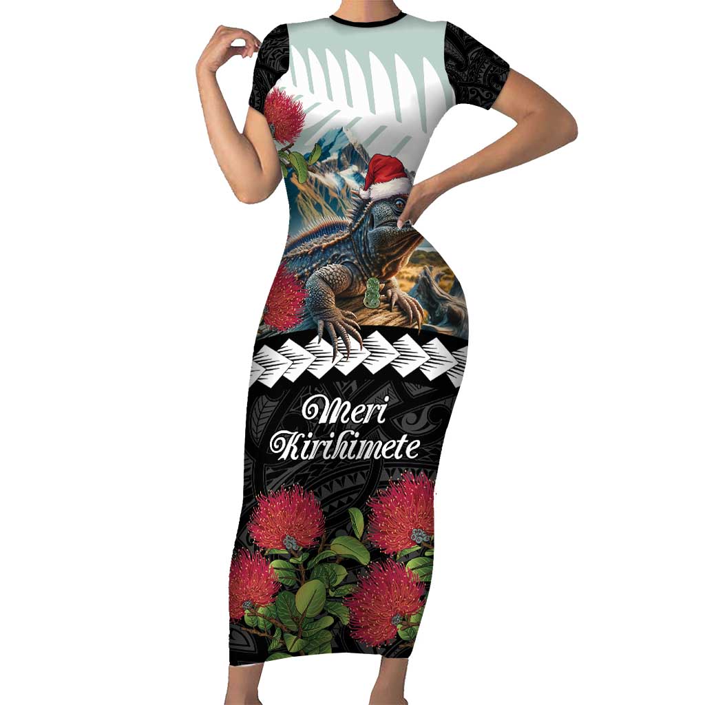 Meri Kirihimete Tuatara Short Sleeve Bodycon Dress New Zealand Fern with Puhutukawa Flowers