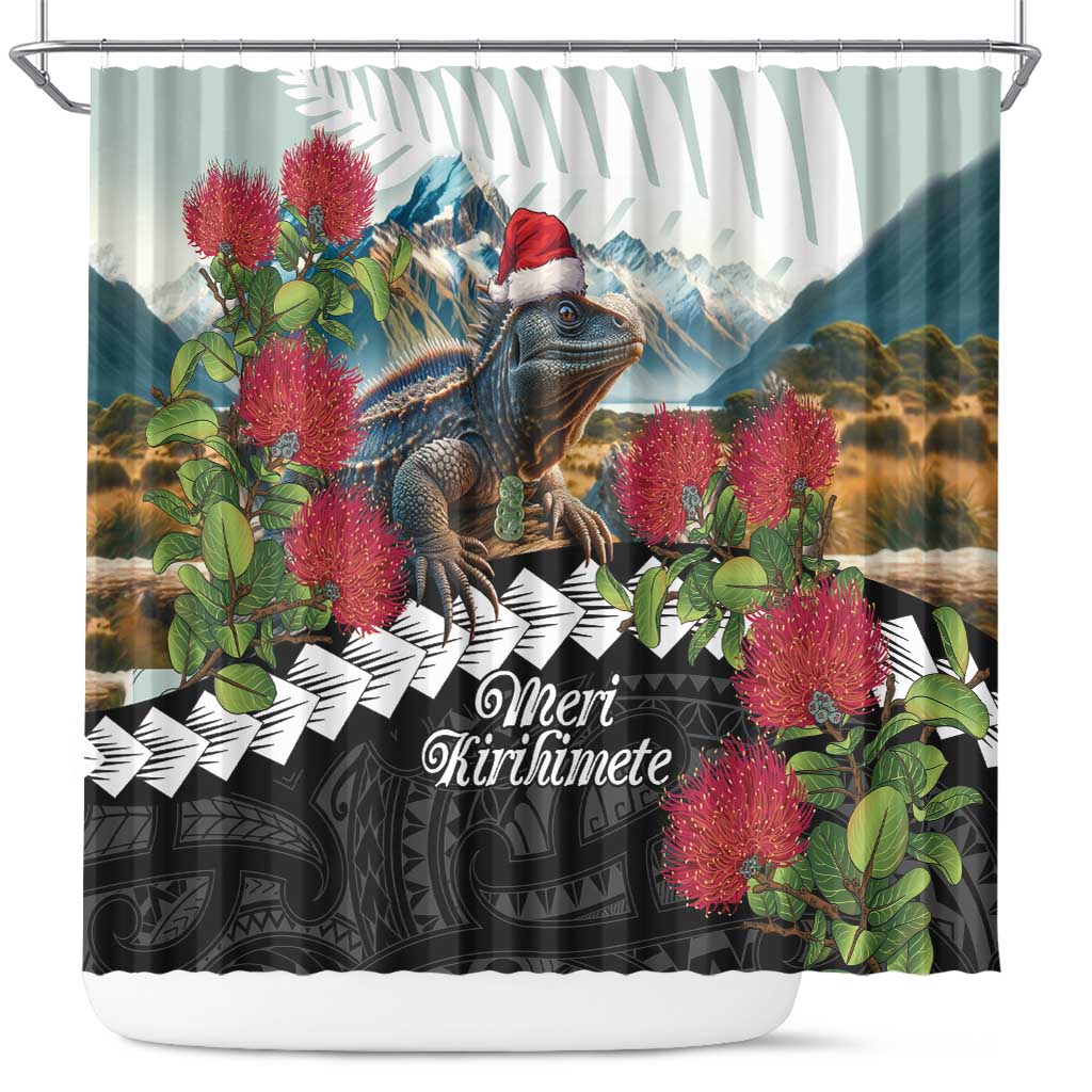 Meri Kirihimete Tuatara Shower Curtain New Zealand Fern with Puhutukawa Flowers