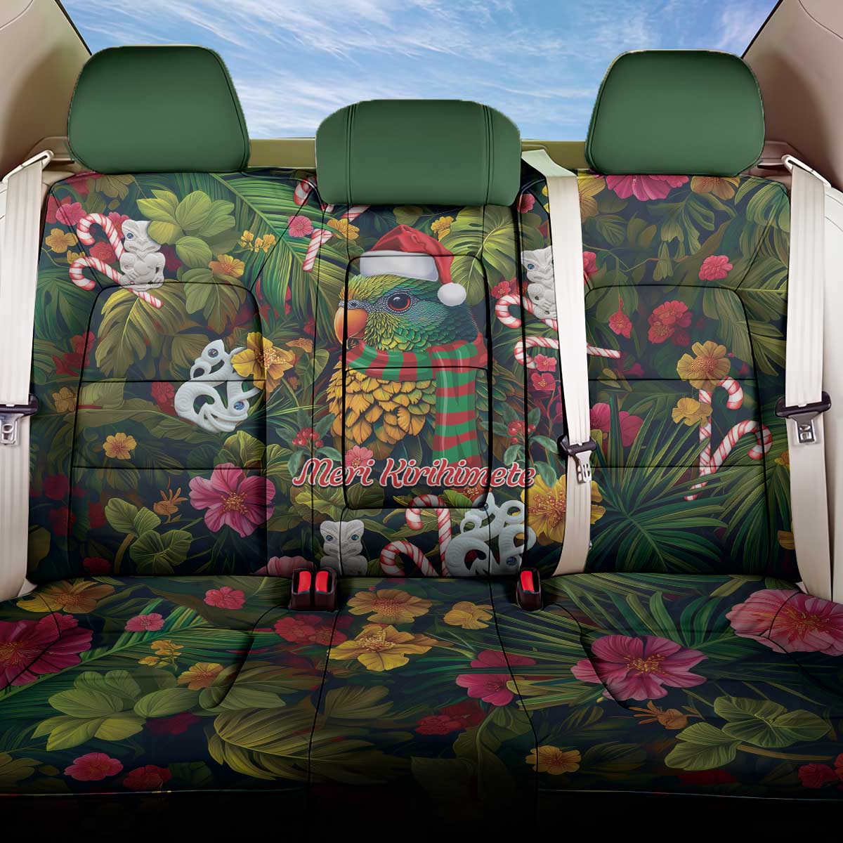 Meri Kirihimete Kakapo Santa Back Car Seat Cover Merry Christmas with Tropical Vibe