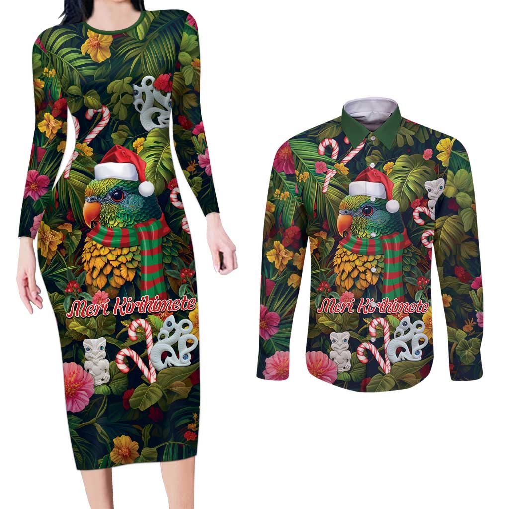 Meri Kirihimete Kakapo Santa Couples Matching Long Sleeve Bodycon Dress and Long Sleeve Button Shirt Merry Christmas with Tropical Vibe