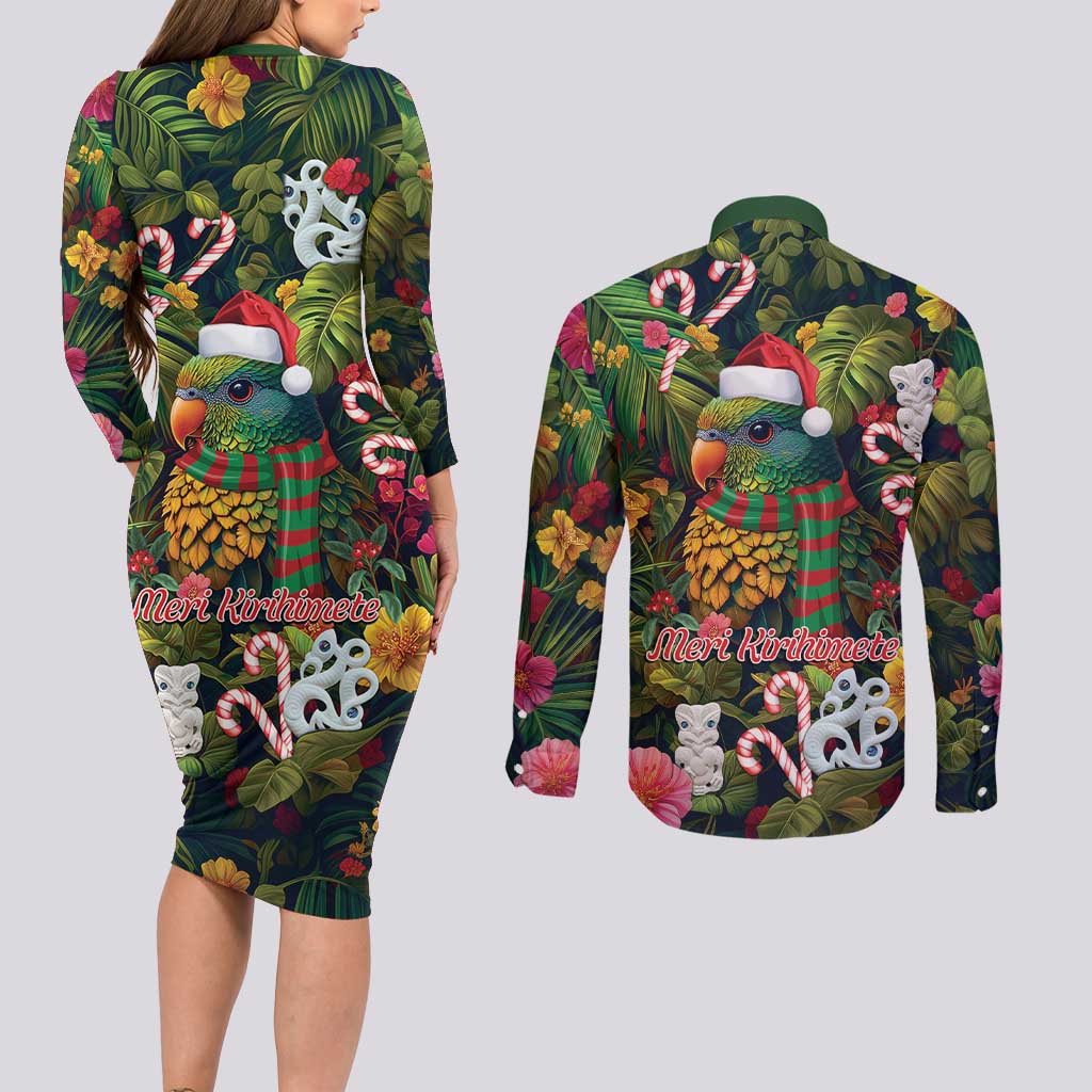 Meri Kirihimete Kakapo Santa Couples Matching Long Sleeve Bodycon Dress and Long Sleeve Button Shirt Merry Christmas with Tropical Vibe