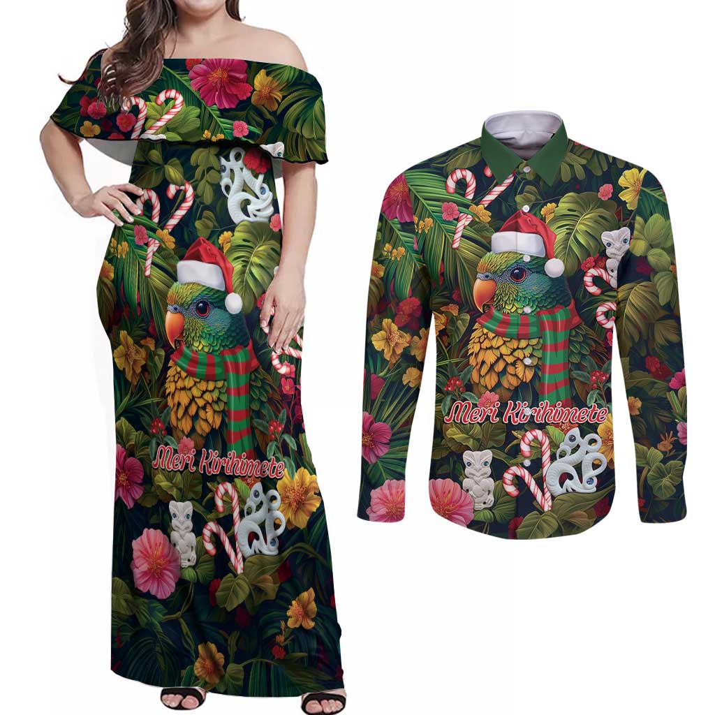 Meri Kirihimete Kakapo Santa Couples Matching Off Shoulder Maxi Dress and Long Sleeve Button Shirt Merry Christmas with Tropical Vibe