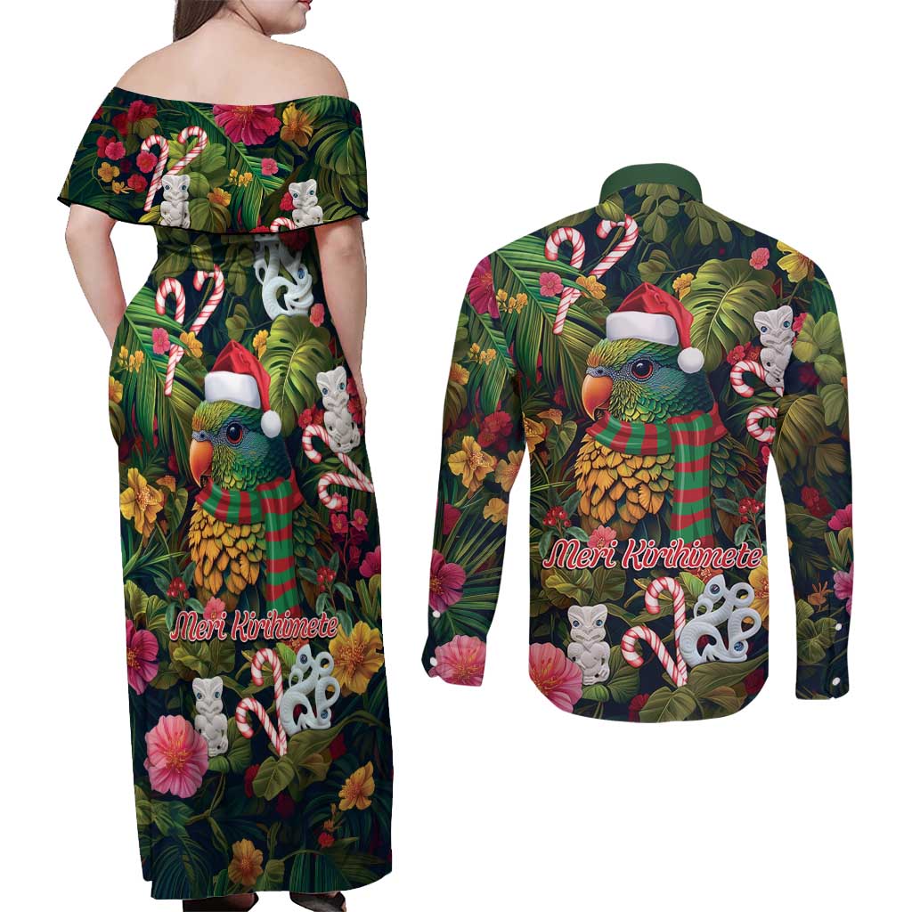 Meri Kirihimete Kakapo Santa Couples Matching Off Shoulder Maxi Dress and Long Sleeve Button Shirt Merry Christmas with Tropical Vibe