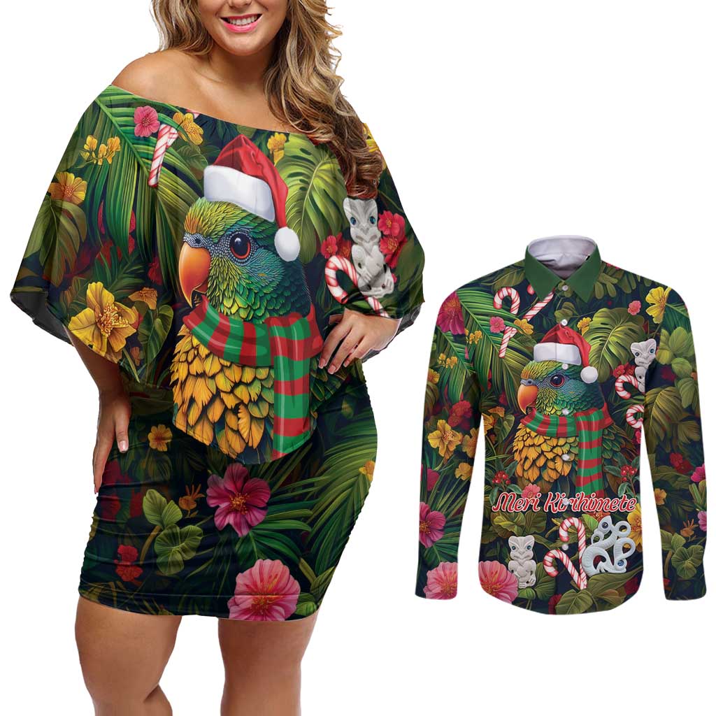 Meri Kirihimete Kakapo Santa Couples Matching Off Shoulder Short Dress and Long Sleeve Button Shirt Merry Christmas with Tropical Vibe