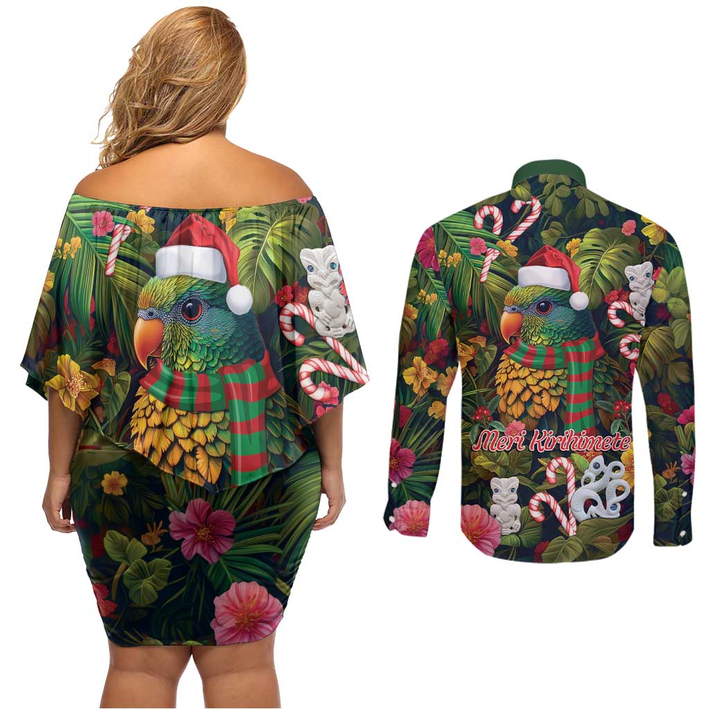 Meri Kirihimete Kakapo Santa Couples Matching Off Shoulder Short Dress and Long Sleeve Button Shirt Merry Christmas with Tropical Vibe
