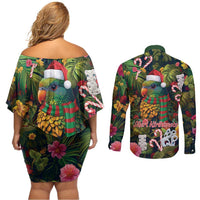 Meri Kirihimete Kakapo Santa Couples Matching Off Shoulder Short Dress and Long Sleeve Button Shirt Merry Christmas with Tropical Vibe
