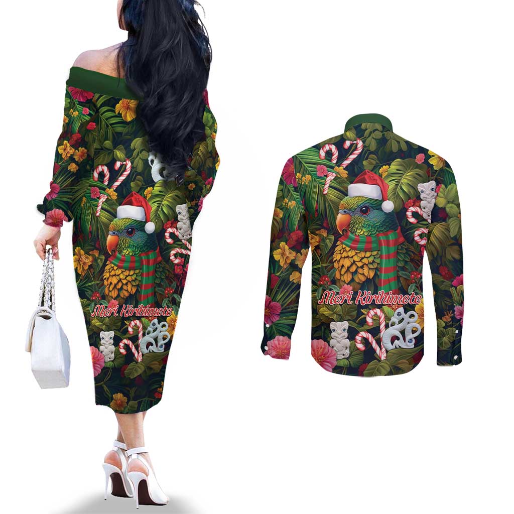 Meri Kirihimete Kakapo Santa Couples Matching Off The Shoulder Long Sleeve Dress and Long Sleeve Button Shirt Merry Christmas with Tropical Vibe