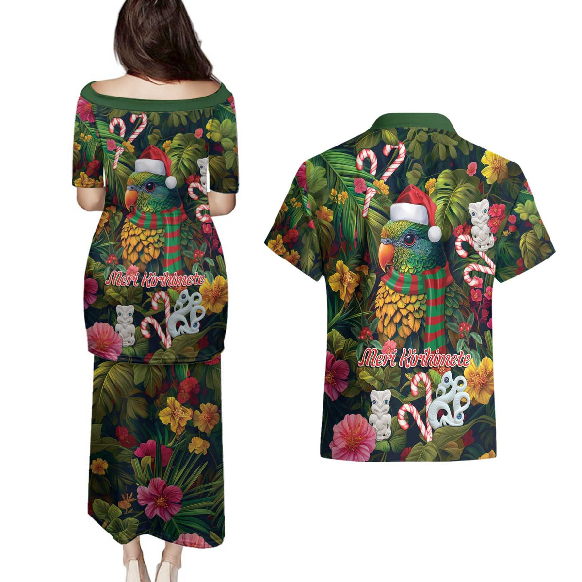 Meri Kirihimete Kakapo Santa Couples Matching Puletasi and Hawaiian Shirt Merry Christmas with Tropical Vibe