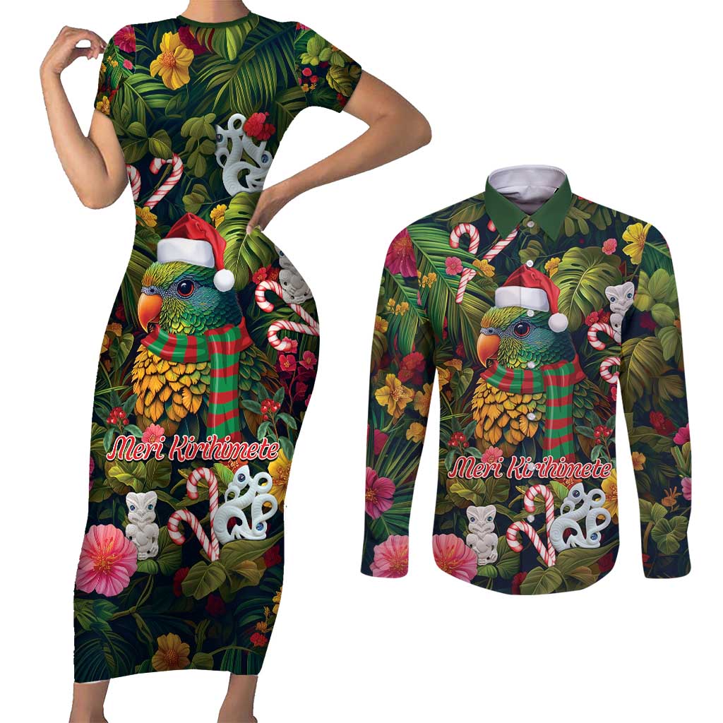 Meri Kirihimete Kakapo Santa Couples Matching Short Sleeve Bodycon Dress and Long Sleeve Button Shirt Merry Christmas with Tropical Vibe