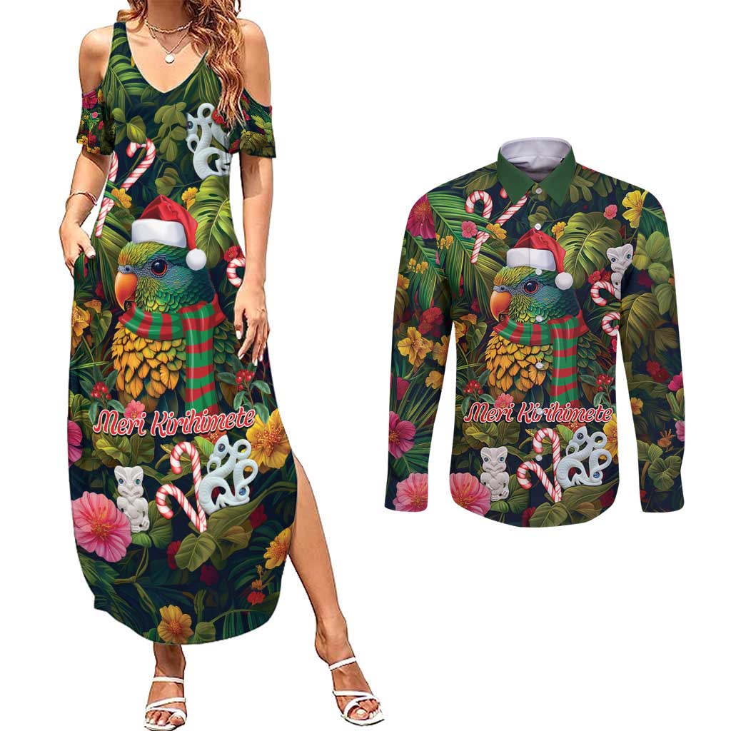 Meri Kirihimete Kakapo Santa Couples Matching Summer Maxi Dress and Long Sleeve Button Shirt Merry Christmas with Tropical Vibe