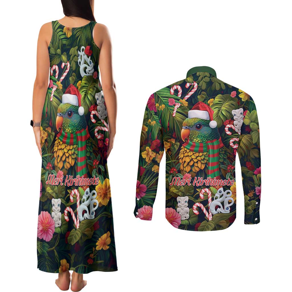 Meri Kirihimete Kakapo Santa Couples Matching Tank Maxi Dress and Long Sleeve Button Shirt Merry Christmas with Tropical Vibe