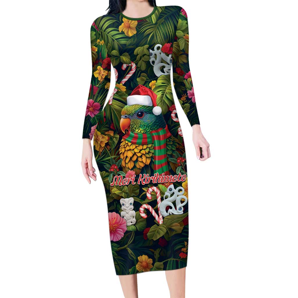 Meri Kirihimete Kakapo Santa Family Matching Long Sleeve Bodycon Dress and Hawaiian Shirt Merry Christmas with Tropical Vibe