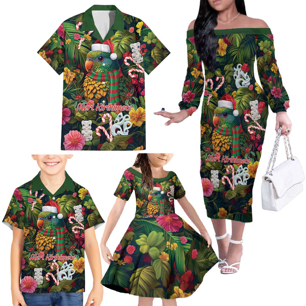 Meri Kirihimete Kakapo Santa Family Matching Off The Shoulder Long Sleeve Dress and Hawaiian Shirt Merry Christmas with Tropical Vibe