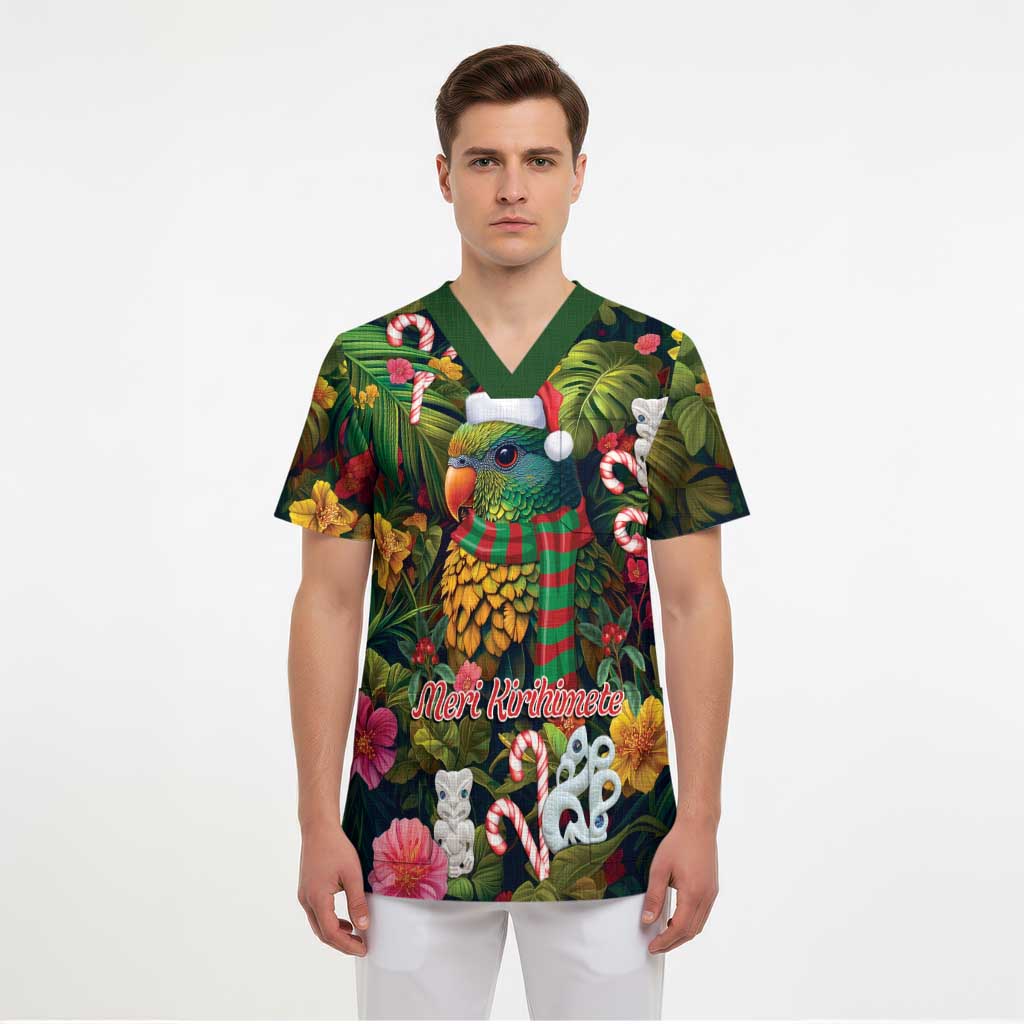 Meri Kirihimete Kakapo Santa Scrub Top Merry Christmas with Tropical Vibe - Polynesian Pride