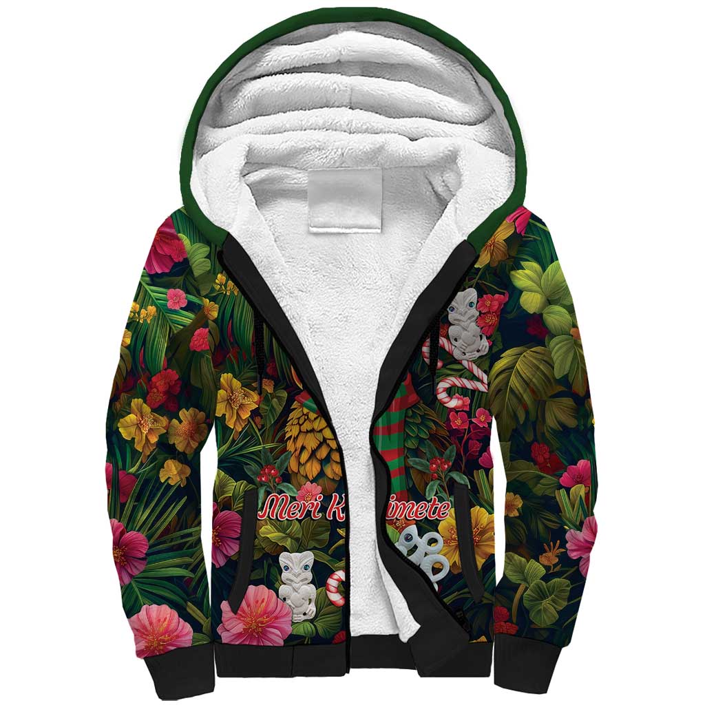 Meri Kirihimete Kakapo Santa Sherpa Hoodie Merry Christmas with Tropical Vibe