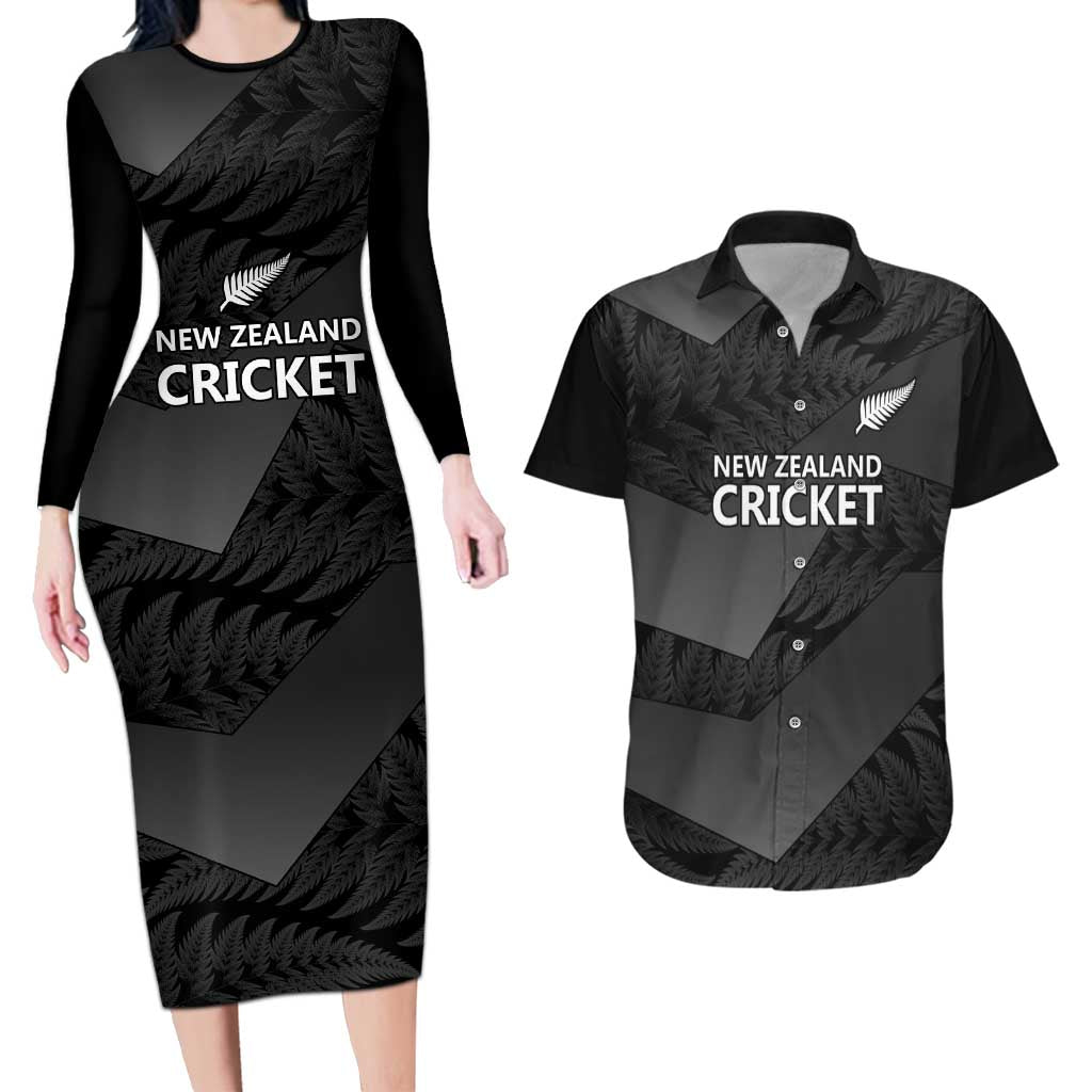 New Zealand Cricket Custom Couples Matching Long Sleeve Bodycon Dress and Hawaiian Shirt Potae Pango Black Fern Pattern