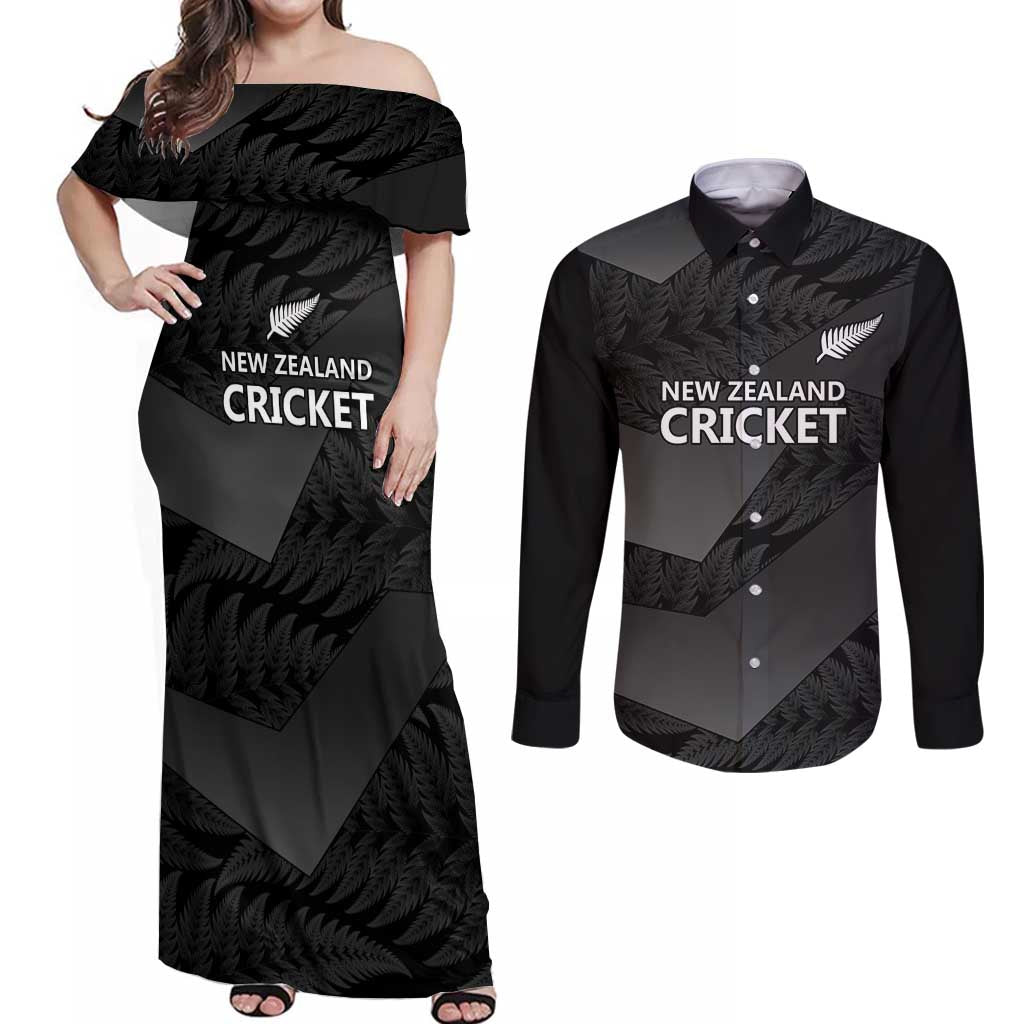 New Zealand Cricket Custom Couples Matching Off Shoulder Maxi Dress and Long Sleeve Button Shirt Potae Pango Black Fern Pattern