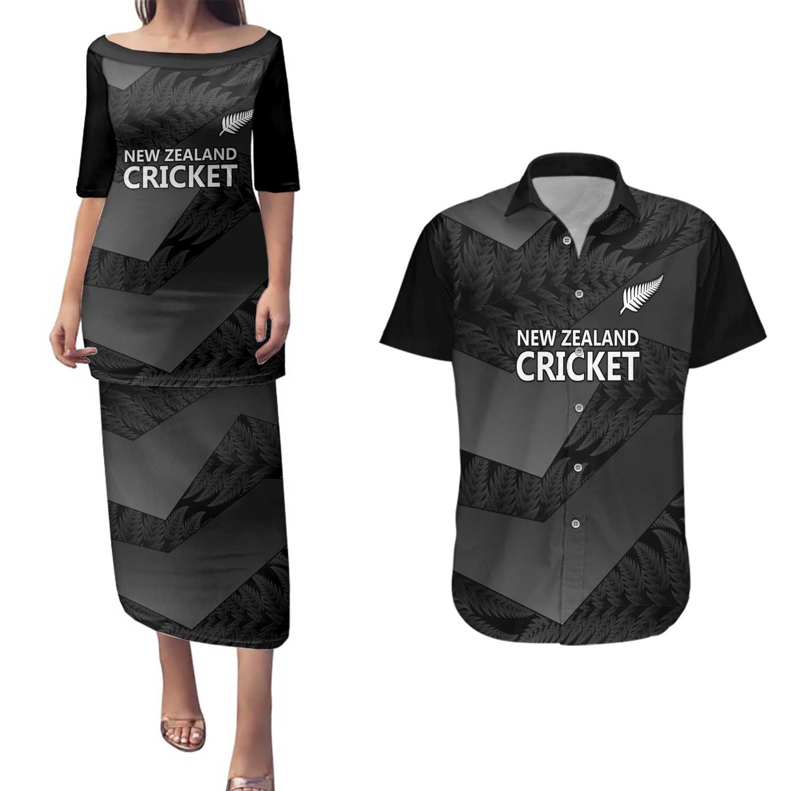 New Zealand Cricket Custom Couples Matching Puletasi and Hawaiian Shirt Potae Pango Black Fern Pattern