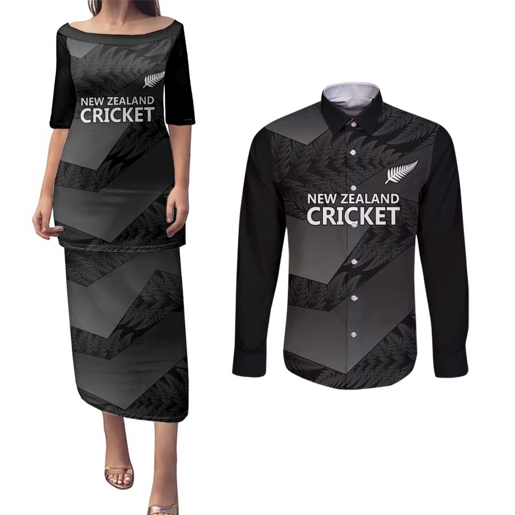 New Zealand Cricket Custom Couples Matching Puletasi and Long Sleeve Button Shirt Potae Pango Black Fern Pattern