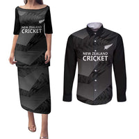 New Zealand Cricket Custom Couples Matching Puletasi and Long Sleeve Button Shirt Potae Pango Black Fern Pattern
