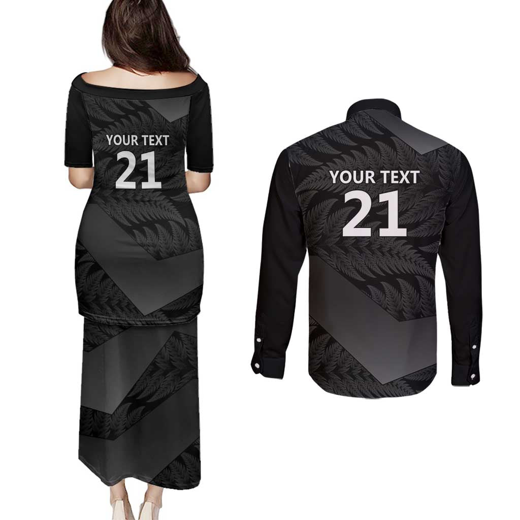 New Zealand Cricket Custom Couples Matching Puletasi and Long Sleeve Button Shirt Potae Pango Black Fern Pattern