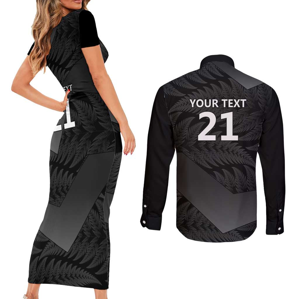 New Zealand Cricket Custom Couples Matching Short Sleeve Bodycon Dress and Long Sleeve Button Shirt Potae Pango Black Fern Pattern