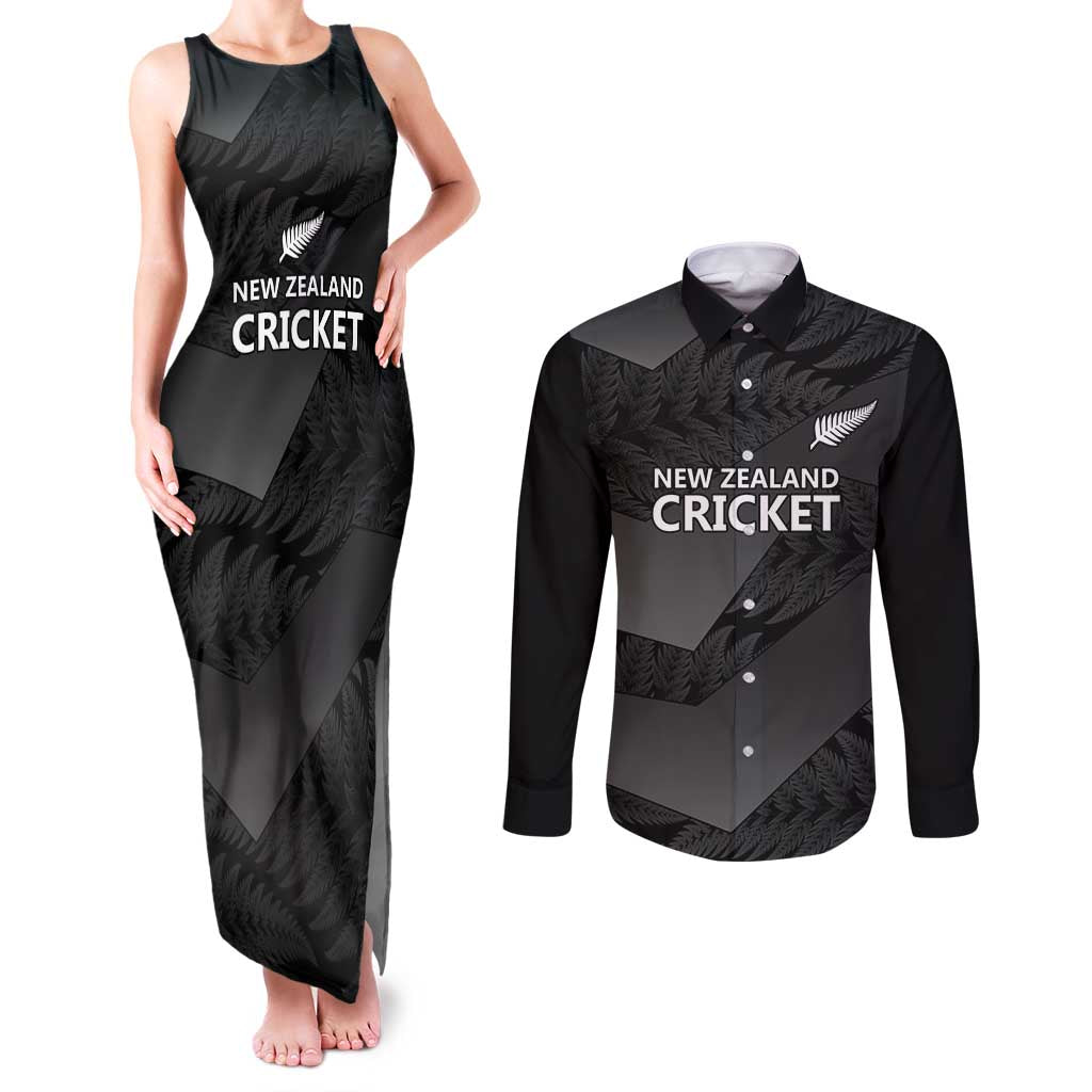 New Zealand Cricket Custom Couples Matching Tank Maxi Dress and Long Sleeve Button Shirt Potae Pango Black Fern Pattern