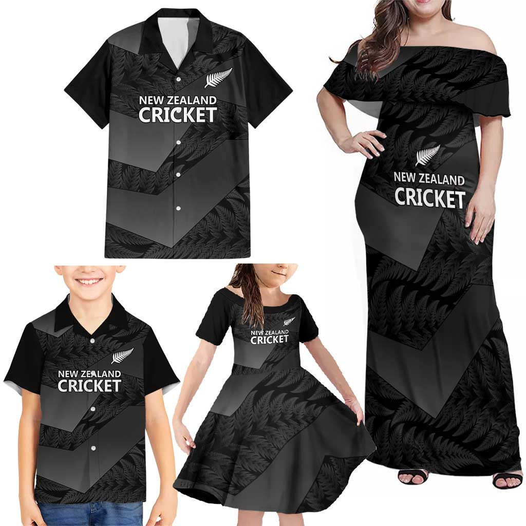 New Zealand Cricket Custom Family Matching Off Shoulder Maxi Dress and Hawaiian Shirt Potae Pango Black Fern Pattern