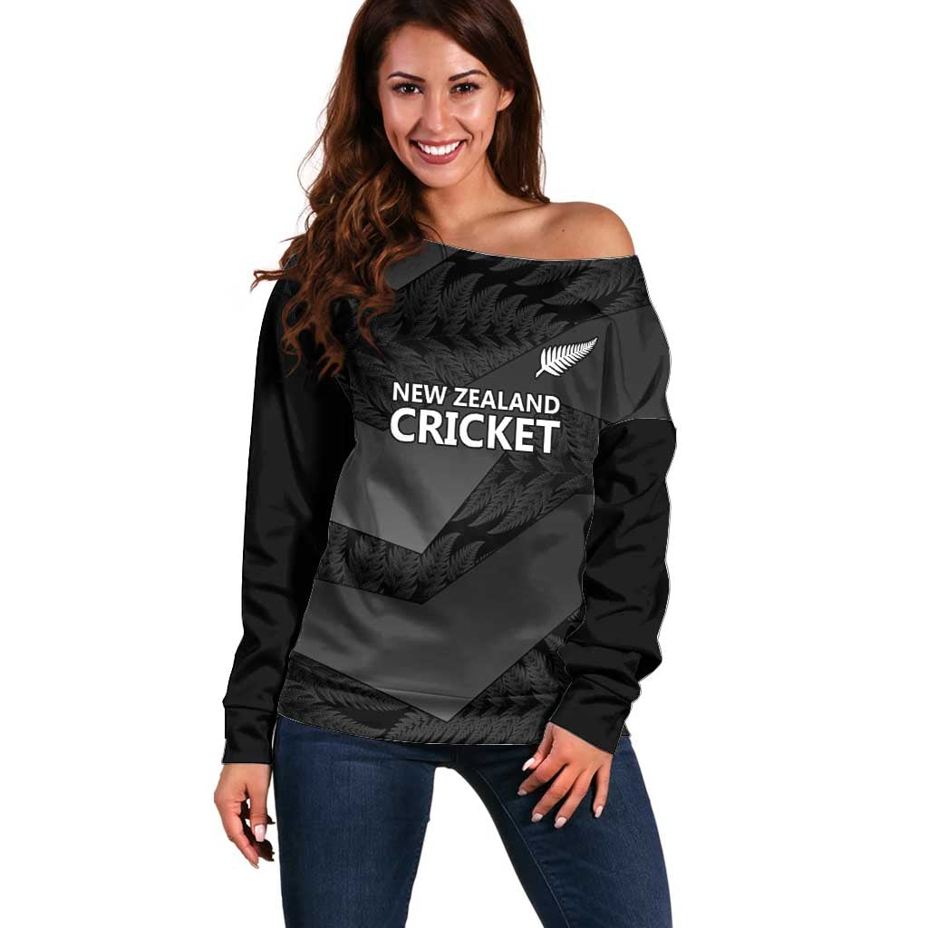 New Zealand Cricket Custom Off Shoulder Sweater Potae Pango Black Fern Pattern