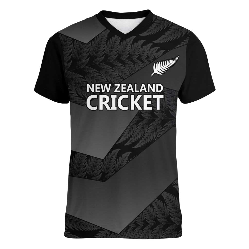 New Zealand Cricket Custom Women V-Neck T-Shirt Potae Pango Black Fern Pattern