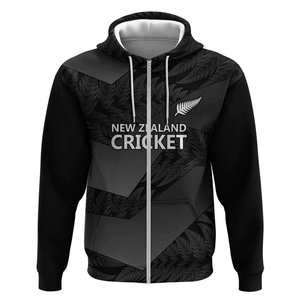 New Zealand Cricket Custom Zip Hoodie Potae Pango Black Fern Pattern