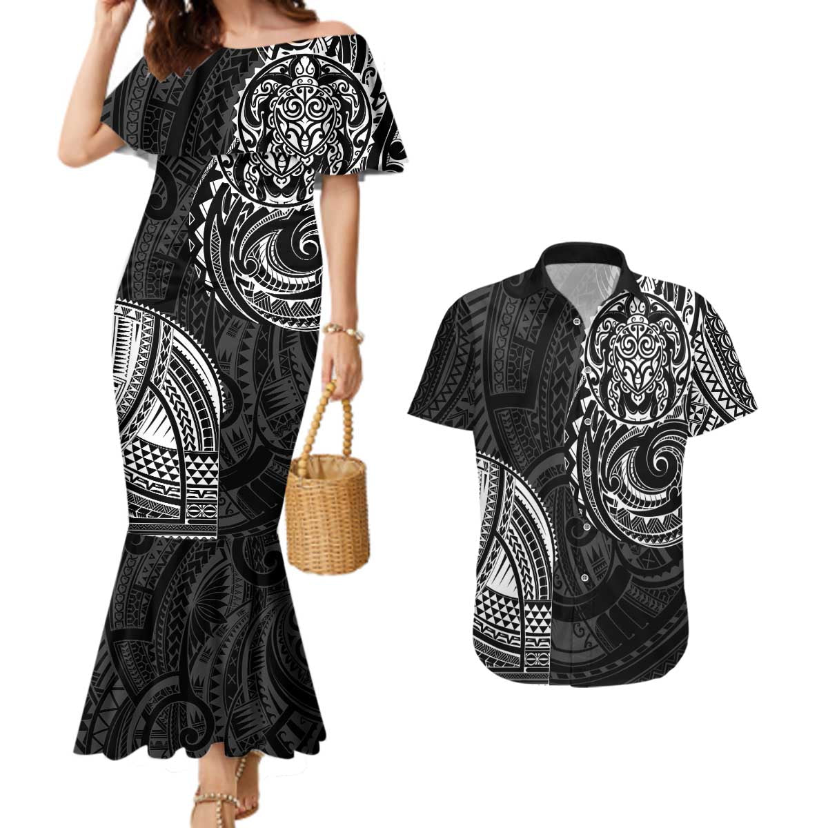 Polynesian Turtle Tribal Tattoo Couples Matching Mermaid Dress and Hawaiian Shirt Black Style