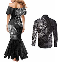 Polynesian Turtle Tribal Tattoo Couples Matching Mermaid Dress and Long Sleeve Button Shirt Black Style