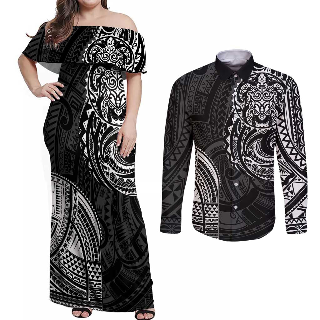Polynesian Turtle Tribal Tattoo Couples Matching Off Shoulder Maxi Dress and Long Sleeve Button Shirt Black Style