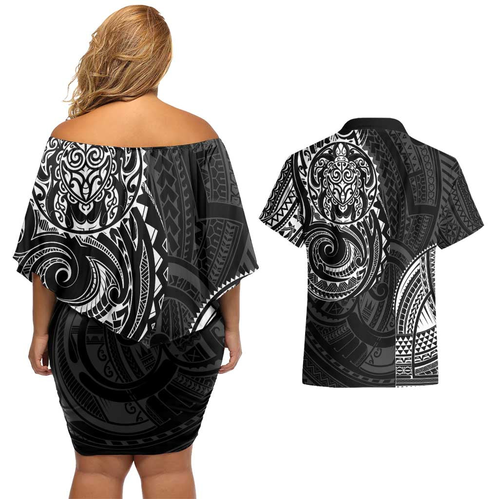 Polynesian Turtle Tribal Tattoo Couples Matching Off Shoulder Short Dress and Hawaiian Shirt Black Style LT9 - Polynesian Pride