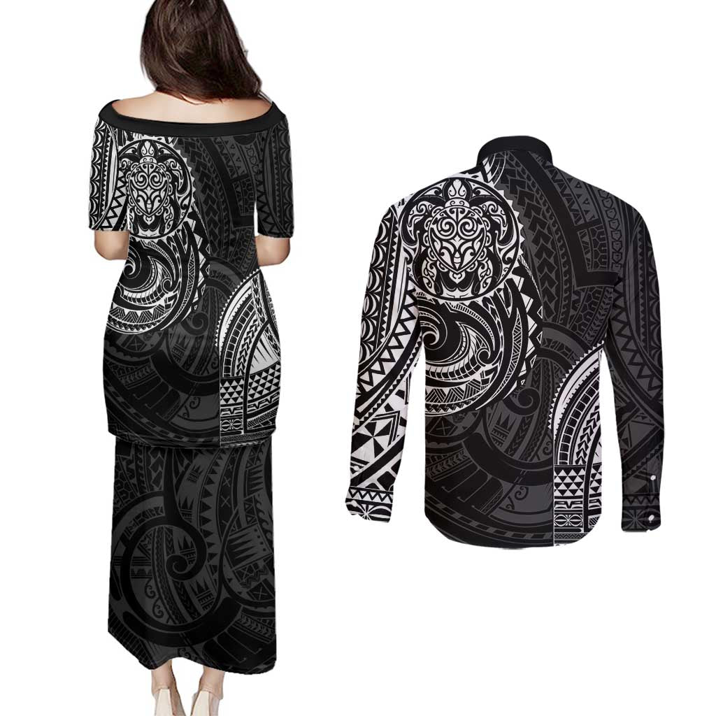 Polynesian Turtle Tribal Tattoo Couples Matching Puletasi and Long Sleeve Button Shirt Black Style