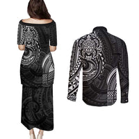 Polynesian Turtle Tribal Tattoo Couples Matching Puletasi and Long Sleeve Button Shirt Black Style