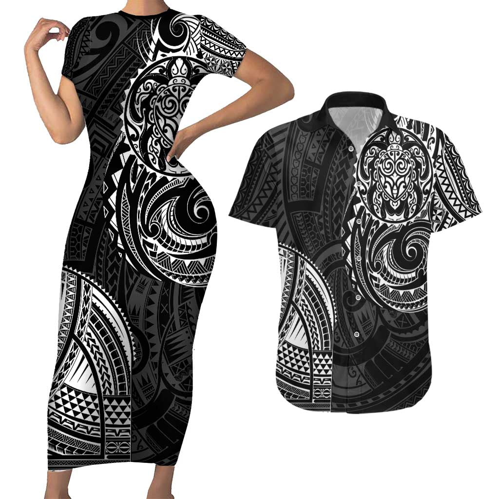 Polynesian Turtle Tribal Tattoo Couples Matching Short Sleeve Bodycon Dress and Hawaiian Shirt Black Style LT9 Black - Polynesian Pride