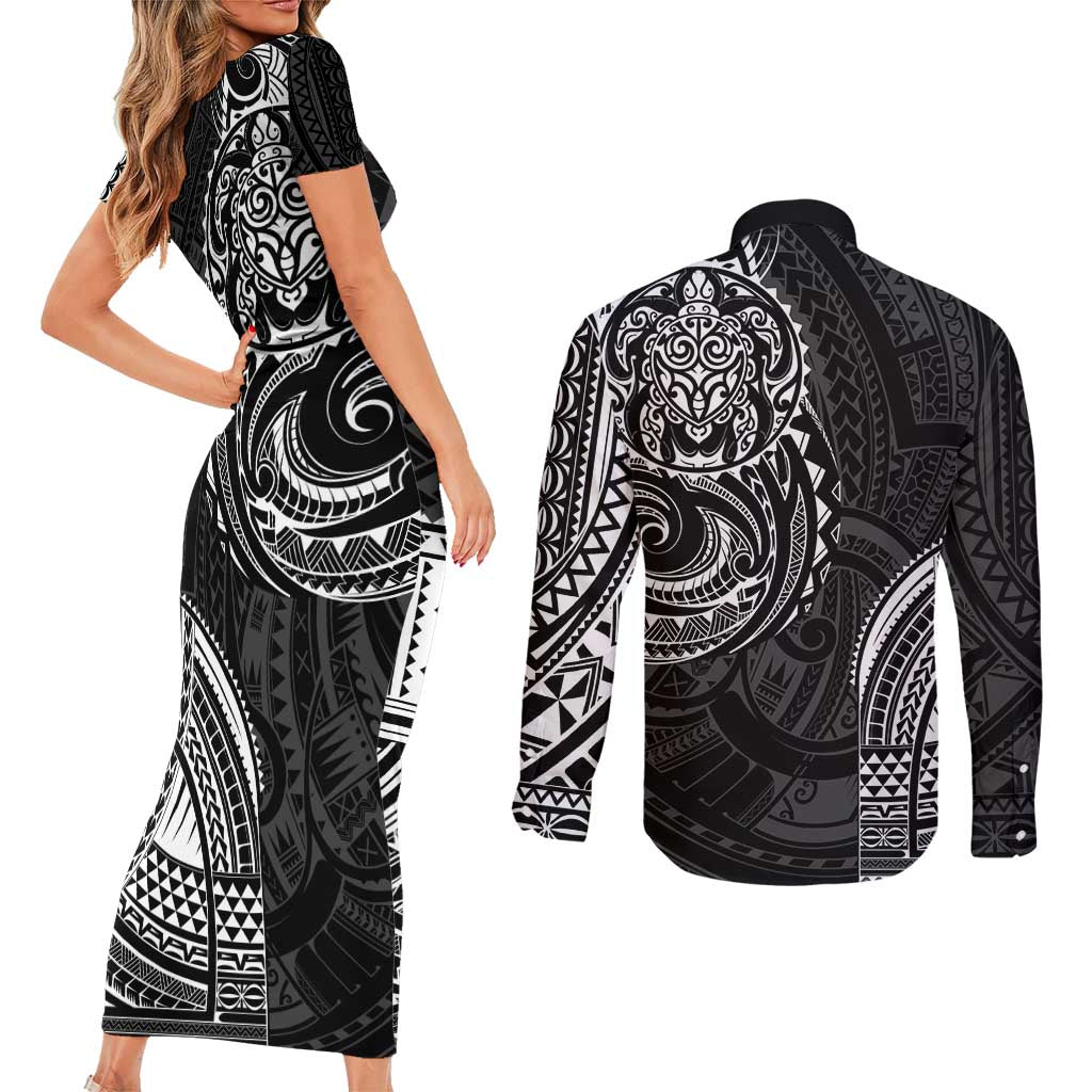 Polynesian Turtle Tribal Tattoo Couples Matching Short Sleeve Bodycon Dress and Long Sleeve Button Shirt Black Style LT9 - Polynesian Pride