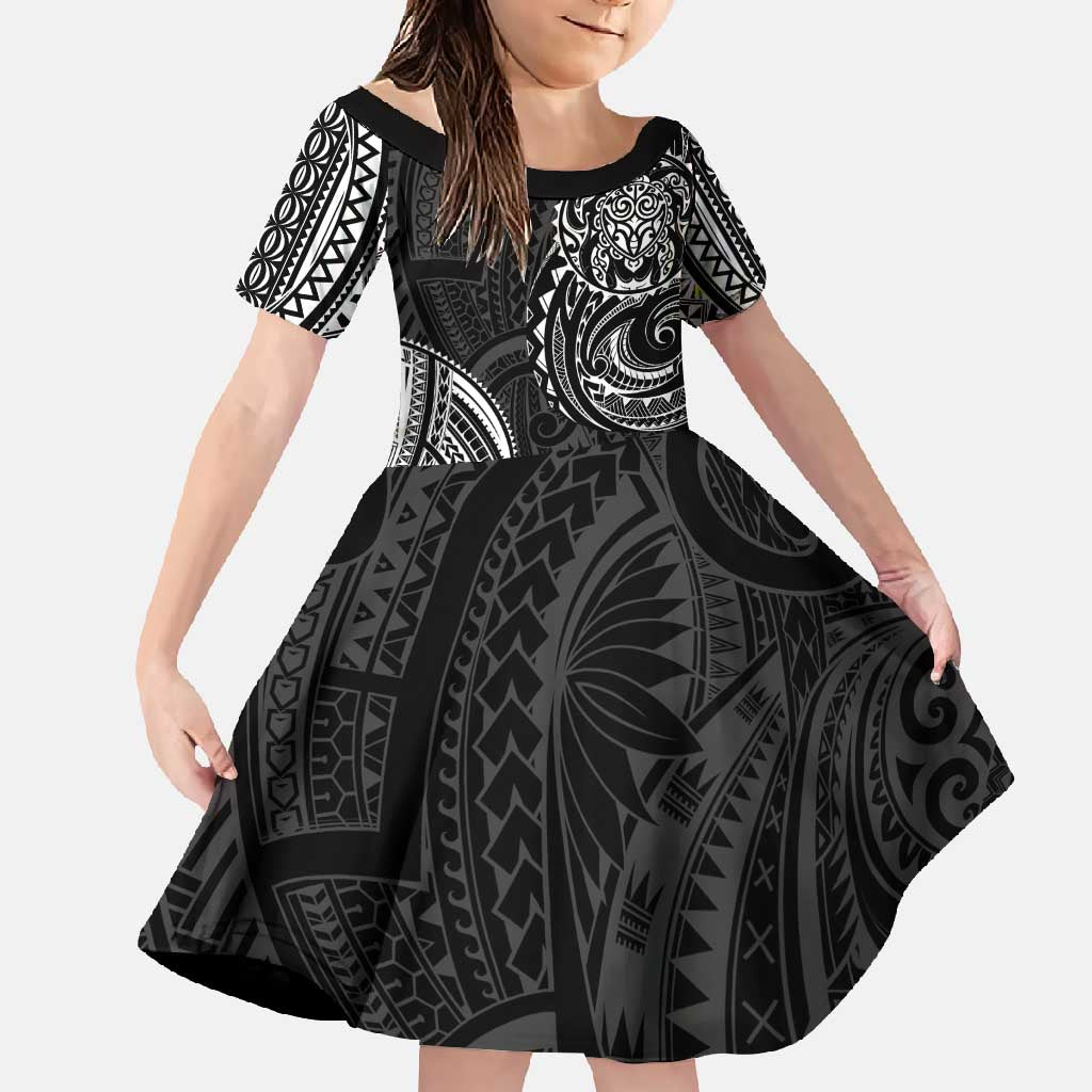 Polynesian Turtle Tribal Tattoo Family Matching Off Shoulder Maxi Dress and Hawaiian Shirt Black Style LT9 Daughter's Dress Black - Polynesian Pride